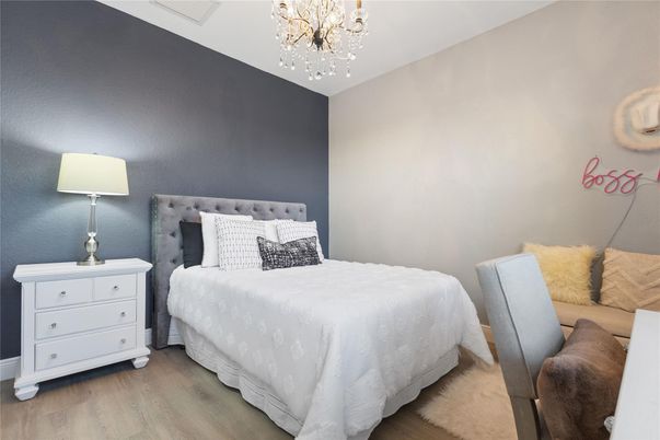 Bedroom, Chandelier, Interior, Wood Texture Flooring