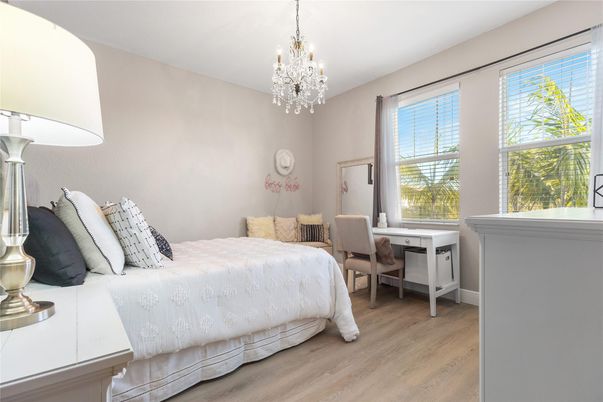 Bedroom, Chandelier, Interior, Wood Texture Flooring