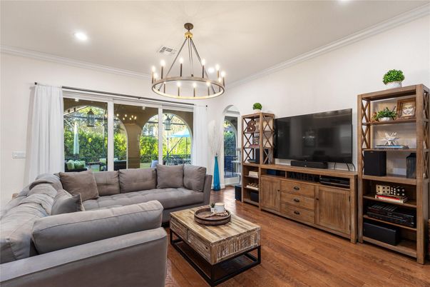 Interior, Kitchen, Marble Walls, Pendant Lights, Recessed Lighting, Stainless Steel Appliances, Wood Texture Flooring