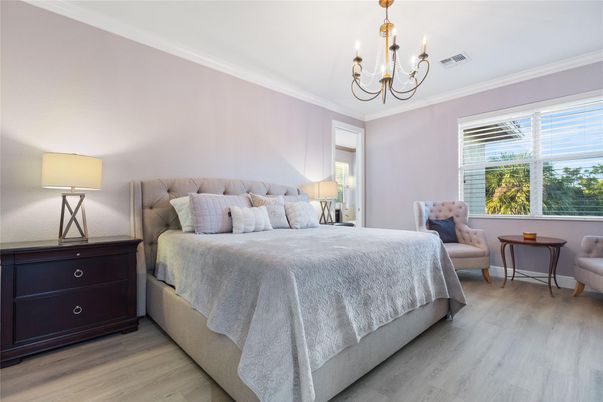 Bedroom, Chandelier, Interior, Wood Texture Flooring