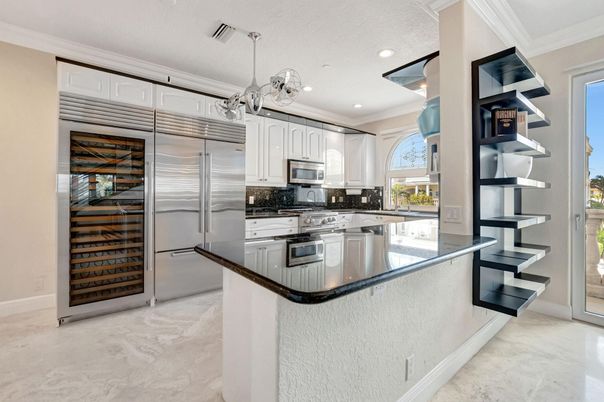 Interior, Kitchen, Marble, Pendant Lights, Recessed Lighting, Stainless Steel Appliances