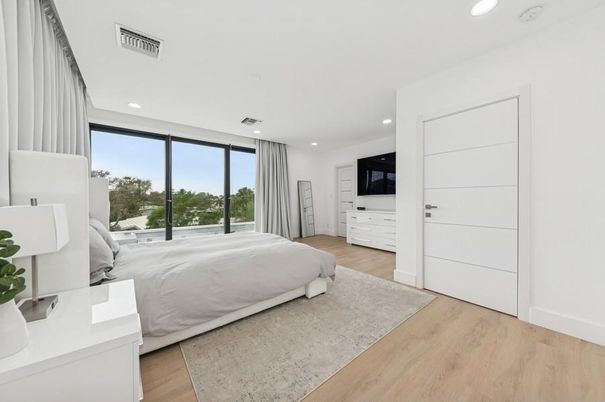Bedroom, Interior, Recessed Lighting, Wood Texture Flooring