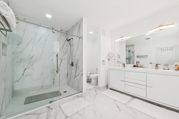Bathroom, Glass Shower, Interior, Marble, Marble Walls, Recessed Lighting