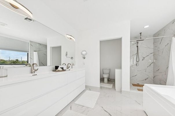 Bathroom, Dual Sink Vanities, Interior, Marble, Marble Walls, Recessed Lighting