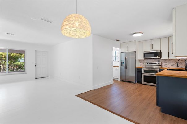 Interior, Kitchen, Pendant Lights, Stainless Steel Appliances, Wood Texture Flooring