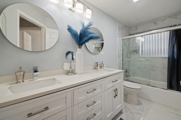 Bathroom, Dual Sink Vanities, Glass Shower, Interior, Marble, Marble Walls