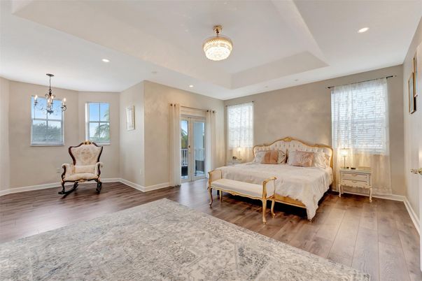 Bedroom, Chandelier, Interior, Recessed Lighting, Wood Texture Flooring