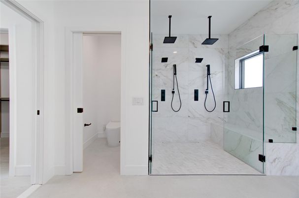 Bathroom, Glass Shower, Interior, Marble Walls, Recessed Lighting