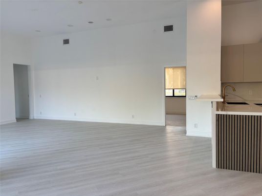 Empty room, Interior, Kitchen, Recessed Lighting, Wood Texture Flooring