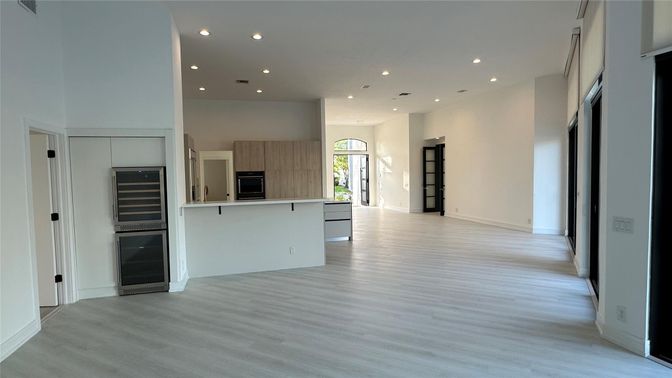 Empty room, Interior, Kitchen, Recessed Lighting, Wood Texture Flooring