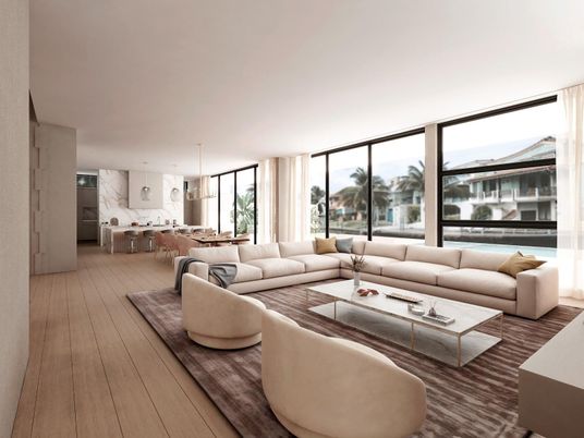Interior, Living room, Marble Walls, Pendant Lights, Water, Wood Texture Flooring