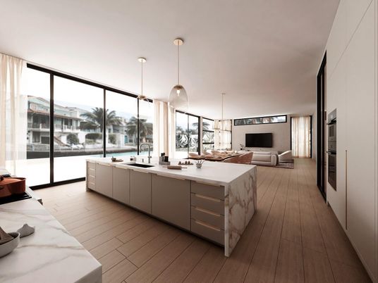 Interior, Kitchen, Pendant Lights, Water, Wood Texture Flooring