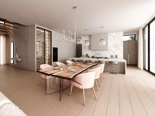 Dining room, Interior, Kitchen, Marble Walls, Pendant Lights