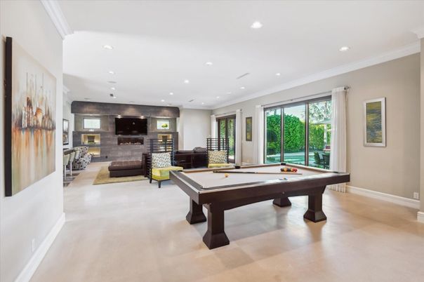 Billiard Table, Fireplace, Game Room, Interior, Living room, Recessed Lighting