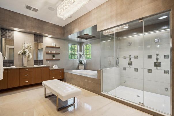 Bathroom, Chandelier, Glass Shower, Interior, Recessed Lighting