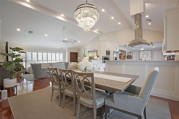 Chandelier, Dining room, Interior, Kitchen, Living room, Recessed Lighting, Wood Texture Flooring