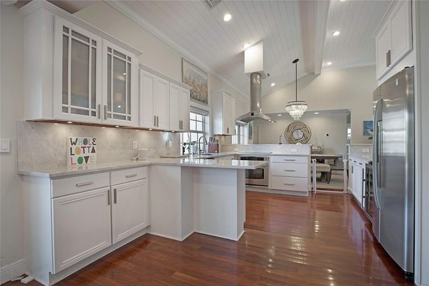 Chandelier, Interior, Kitchen, Pendant Lights, Recessed Lighting, Stainless Steel Appliances, Wood Texture Flooring