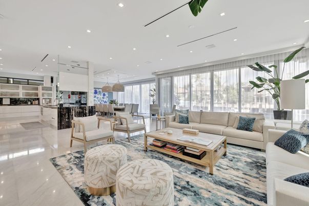 Dining room, Interior, Kitchen, Living room, Marble, Pendant Lights, Recessed Lighting