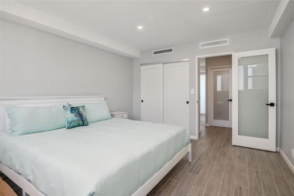 Bedroom, Interior, Recessed Lighting, Wood Texture Flooring