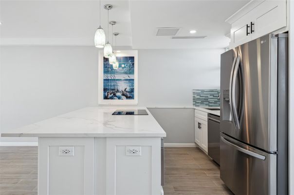 Interior, Kitchen, Pendant Lights, Recessed Lighting, Stainless Steel Appliances, Wood Texture Flooring