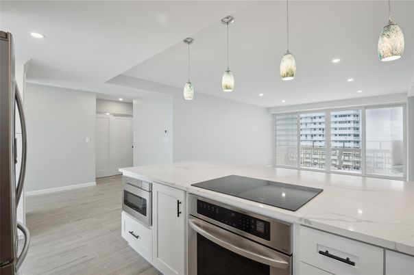 Interior, Kitchen, Pendant Lights, Recessed Lighting, Stainless Steel Appliances, Wood Texture Flooring