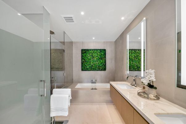 Bathroom, Dual Sink Vanities, Glass Shower, Interior, Recessed Lighting