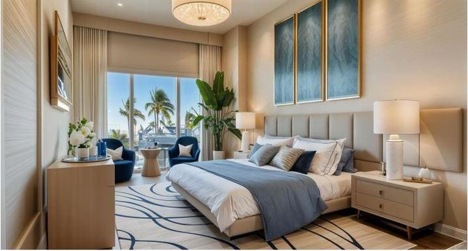 Bedroom, Chandelier, Interior, Recessed Lighting, Wood Texture Flooring