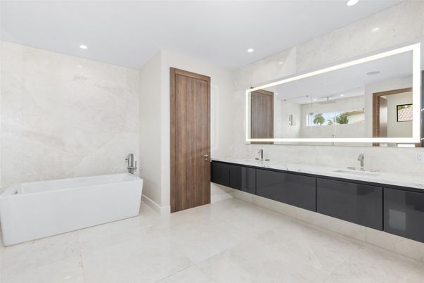 Bathroom, Dual Sink Vanities, Free Standing Baths, Interior, Marble Walls, Recessed Lighting