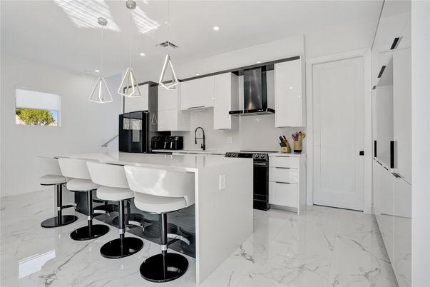 Interior, Kitchen, Marble, Pendant Lights, Recessed Lighting, Stainless Steel Appliances
