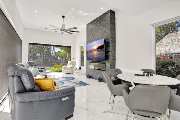 Dining room, Fireplace, Interior, Living room, Marble, Recessed Lighting