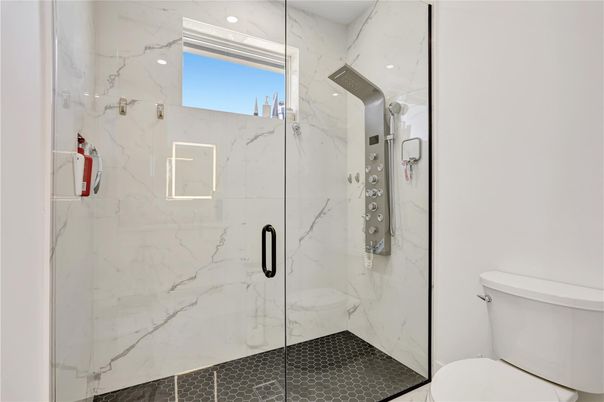 Bathroom, Glass Shower, Interior, Marble Walls, Recessed Lighting