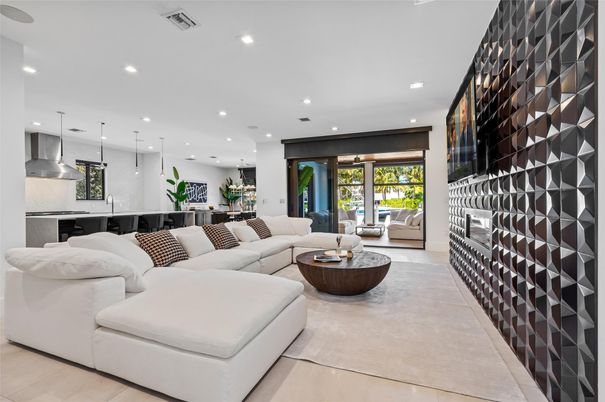 Interior, Kitchen, Living room, Marble Walls, Pendant Lights, Recessed Lighting