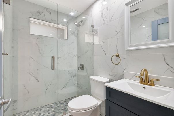 Bathroom, Glass Shower, Interior, Marble Walls, Recessed Lighting