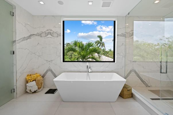 Bathroom, Free Standing Baths, Glass Shower, Interior, Marble Walls, Recessed Lighting