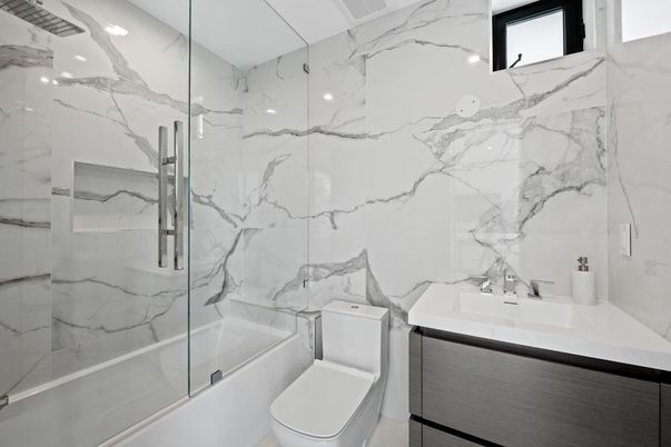 Bathroom, Glass Shower, Interior, Marble Walls, Recessed Lighting