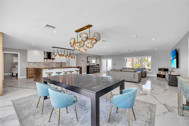 Dining room, Interior, Kitchen, Living room, Marble, Pendant Lights, Recessed Lighting