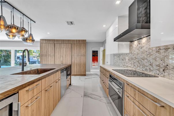 Interior, Kitchen, Marble, Recessed Lighting, Stainless Steel Appliances