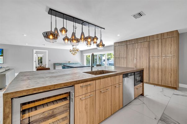 Interior, Kitchen, Marble, Pendant Lights, Recessed Lighting, Stainless Steel Appliances