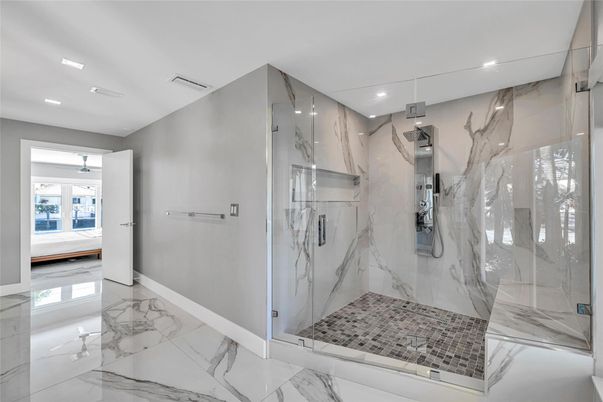 Bathroom, Glass Shower, Interior, Marble, Marble Walls, Recessed Lighting