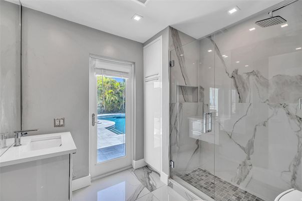 Bathroom, Glass Shower, Interior, Marble, Marble Walls, Recessed Lighting
