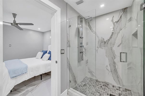 Bathroom, Bedroom, Glass Shower, Interior, Marble Walls, Recessed Lighting