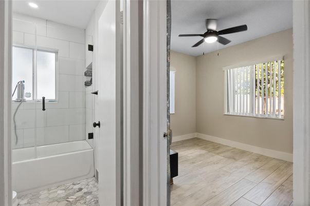 Bathroom, Glass Shower, Interior, Recessed Lighting, Wood Texture Flooring