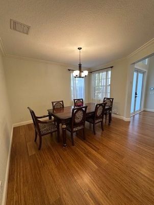 Chandelier, Dining room, Interior, Wood Texture Flooring