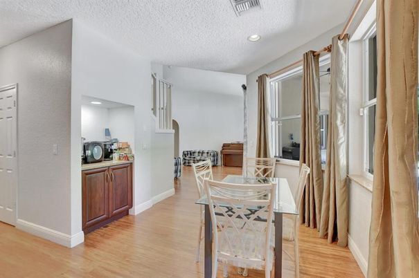 Dining room, Interior, Recessed Lighting, Wood Texture Flooring