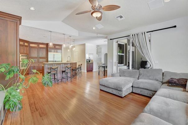 Interior, Kitchen, Living room, Pendant Lights, Recessed Lighting, Wood Texture Flooring