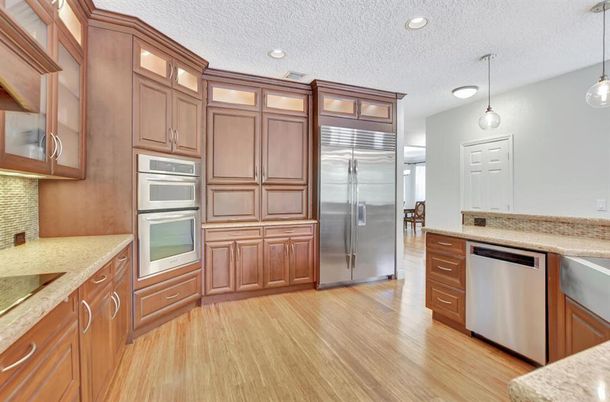 Interior, Kitchen, Pendant Lights, Recessed Lighting, Stainless Steel Appliances, Wood Texture Flooring