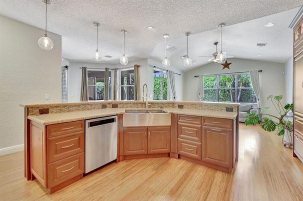 Interior, Kitchen, Pendant Lights, Recessed Lighting, Wood Texture Flooring