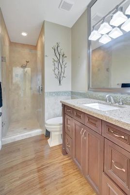 Bathroom, Glass Shower, Interior, Recessed Lighting, Wood Texture Flooring