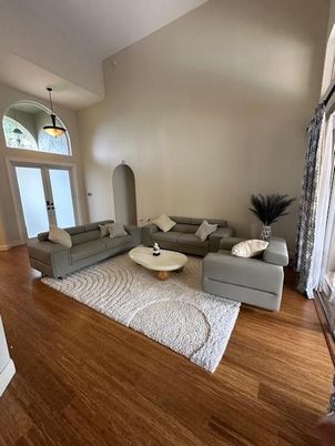 Interior, Living room, Pendant Lights, Wood Texture Flooring