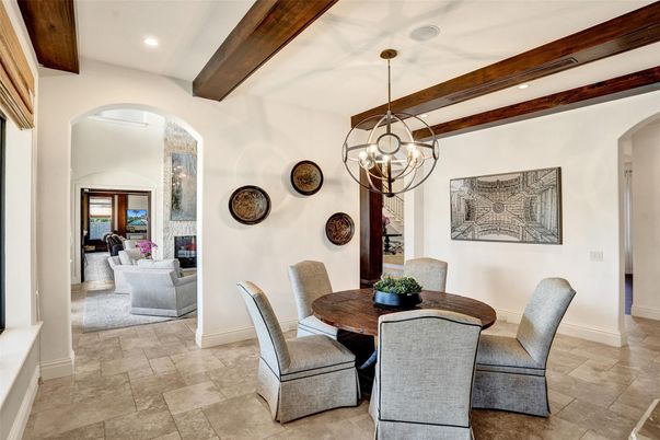 Chandelier, Dining room, Interior, Living room, Pendant Lights, Recessed Lighting, Wooden Beams
